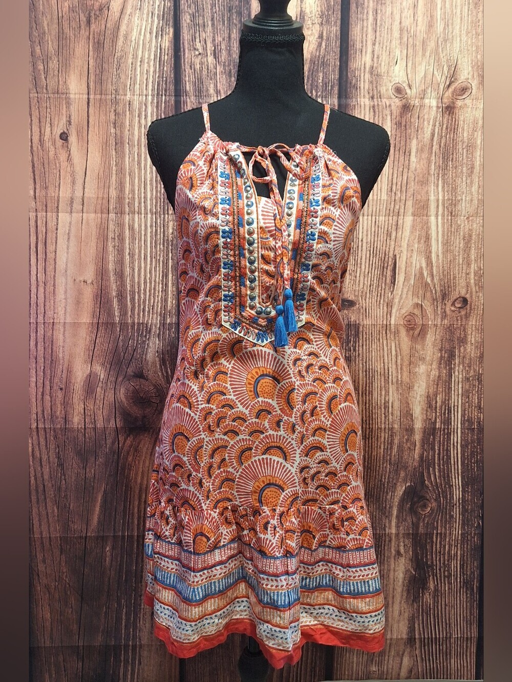 Mira Boho Tie-Front Midi Dress in Orange and Blue Size Small!